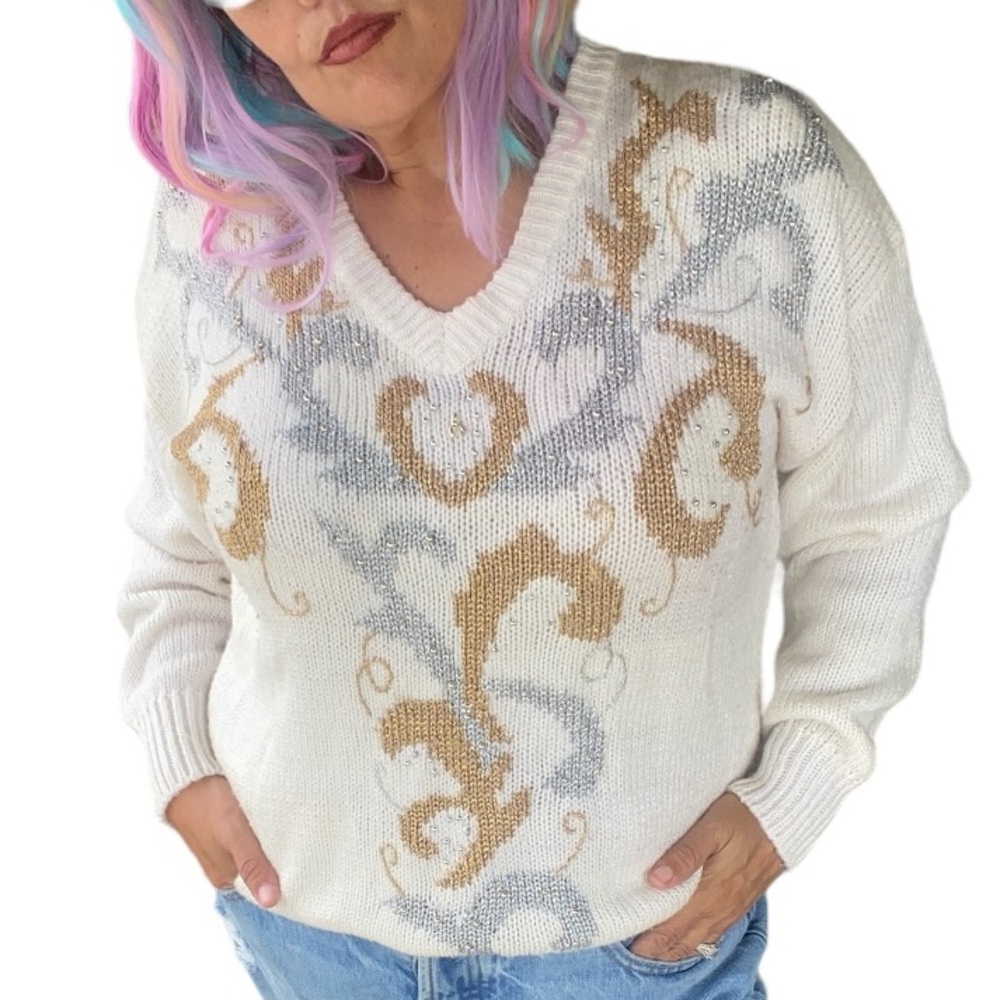 Vintage Sparkle Silver & Gold Beaded Pullover Sweater Jumper Holiday Size Large